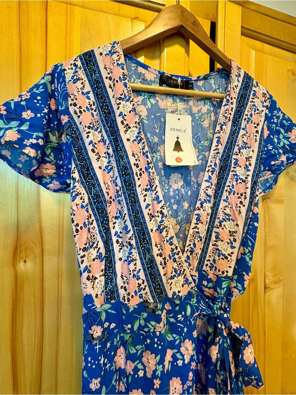 Blue Floral Wrap Maxi Dress with Tie Waist - Picture 5 of 10